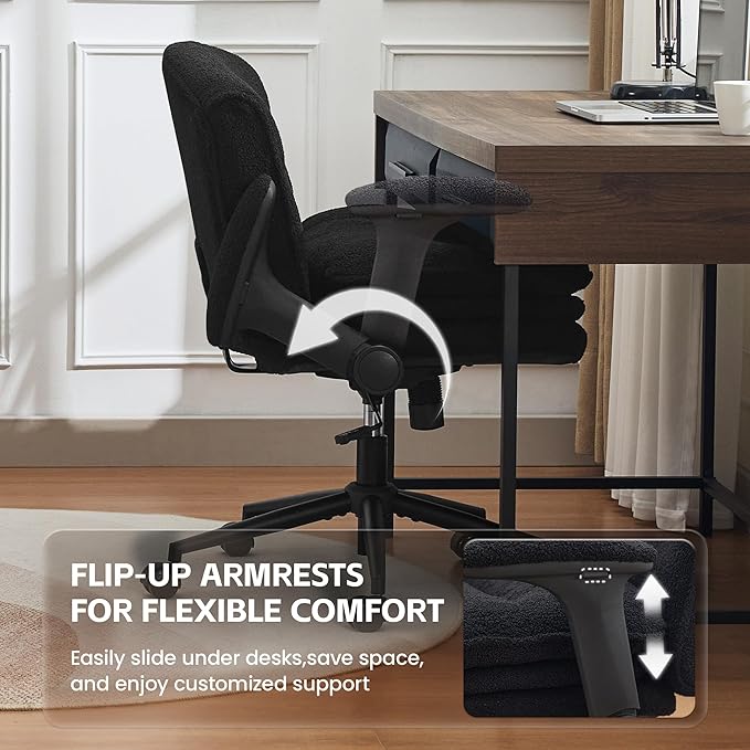 Criss Cross Chair with Flip-up Arms, Wide Criss Legged Chair with 3 Layer Cushion, Ergonomic Office Desk Chair with Wheels, Swivel Vanity Chair for Office, Living Room, Bedroom, Boucle Black