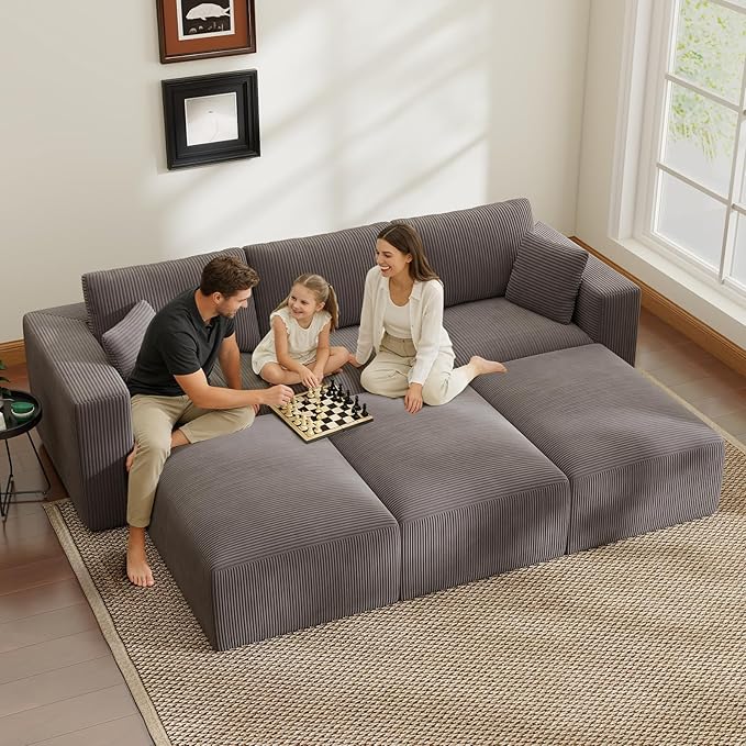 110" Modular Sectional Sofa, Boneless Couch Memory Foam Cloud Couch with Chaise, Cozy Upholstered Corduroy Floor Couch, No Assembly Required Living Room Furniture for Apartment Home, Grey