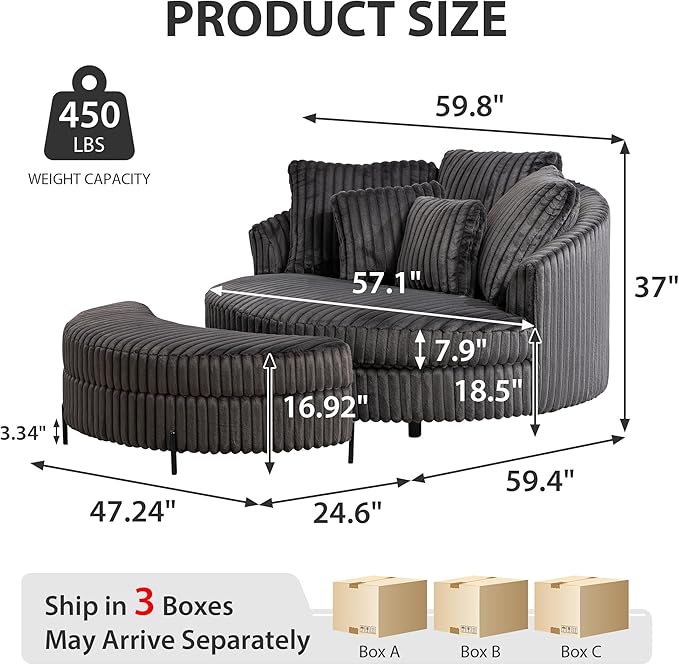 Chifee & Vingol 59.8" W Oversized Accent Round Chair Large Barrel Chair with Ottoman & Movable Wheels & 5 Pillows, Faux Fur Fabric - Charcoal