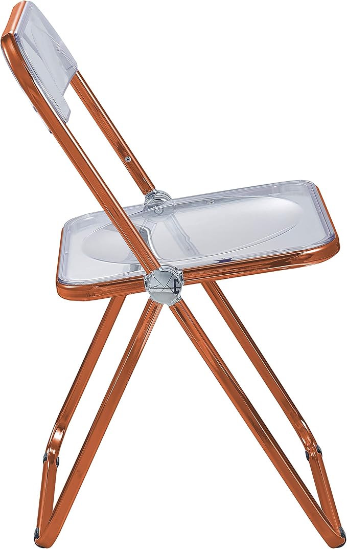 LeisureMod Lawrence Modern Transparent Acrylic Folding Chair with Metal Frame (Orange)