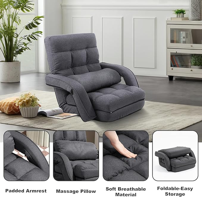 DeeLyan Indoor Floor Chair with Armrest and Pillow Folding Chaise Lounge Sofa 14-Position Adjustable Comfy Gaming Recliner Chair Padded Seats for Adults (Grey)