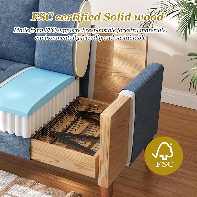 Vesgantti Loveseat Sofa with Solid Wood Legs, 48" Small Couches for Small Spaces, Love Seat for Living Room, Bedroom, Easy Assembly Mid Century Modern Couch with Throw Pillow for Apartment, Blue