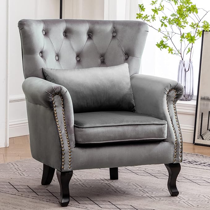 DM Furniture Set of 2 Mid-Century Modern Accent Chair, Velvet Armchair w/Tufted Back/Wood Legs, Upholstered Lounge Arm Chair Single Sofa for Living Room Bedroom, Grey