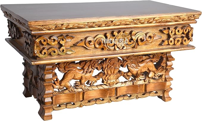 Tribe Azure Fair Trade Small Snow Lion Altar Table, Hand Carved Wooden Table with Majestic Garuda, 16 in x 9 in x 9 in