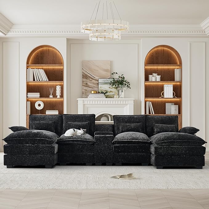 HYJT-H&K 124" U Shaped Cloud Couch Sectional, Comfy Fluffy Chenille Black Sectional Couches for Living Room, Modern Modular Sectionals Sofa with Central Console Double Chaise Lounge Black Grey