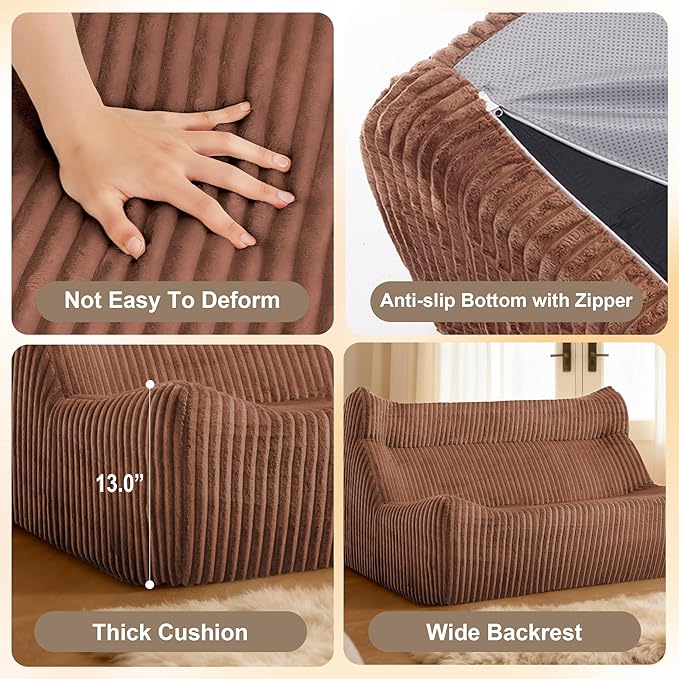 Bean Bag Chairs, Giant Bean Bag Chair for Adults, Memory Foam Lounge Chair, Comfy Lazy Floor Chair, Bean Bag Sofa for Living Room, Bedroom and Office, Loveseat Bean Bag (Brown)