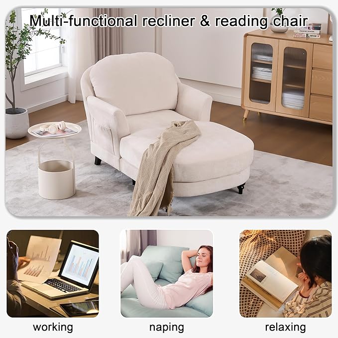 Chaise Lounge Chair Indoor, 59.8" Oversized Couch Reading Chairs，Chenille Comfortable Deep Sleeping Single Sofa, Upholstered Modern Couch Sofa Bed for Living Room, Bedroom & Apartment (Beige)