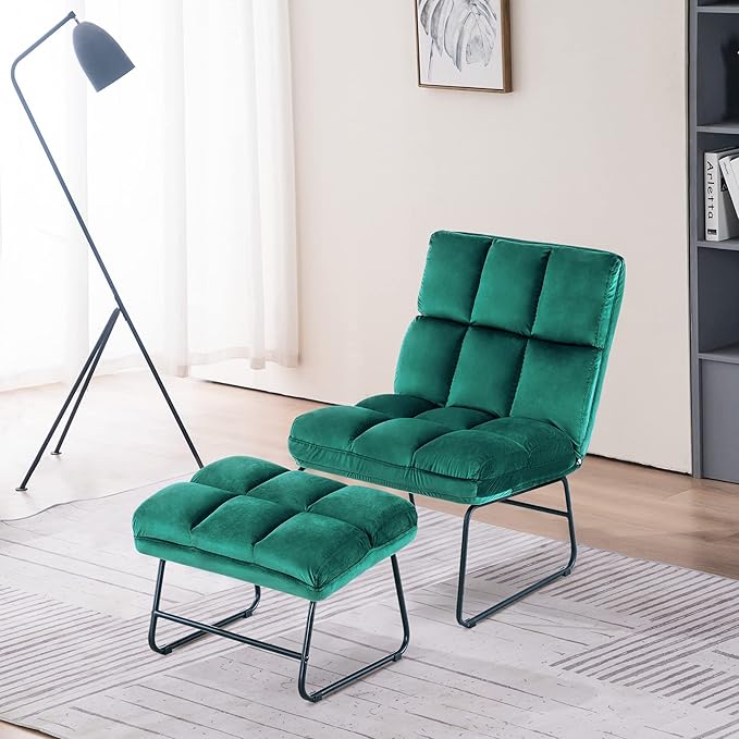 MCombo Velvet Accent Chair with Ottoman Set, Modern Armless Chair for Living Room, Bedroom, Small Space 0014 (Velvet, Dark Green)
