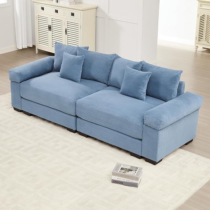 KEIKI 83" Oversized Corduroy Modular Sectional Loveseat Sofa with High-Density Foam Cushions, Extra-Thick Armrest, Upholstered Modern 2-Seater Fluffy Corner Couch with 6 Pillow, for Living Room, Blue