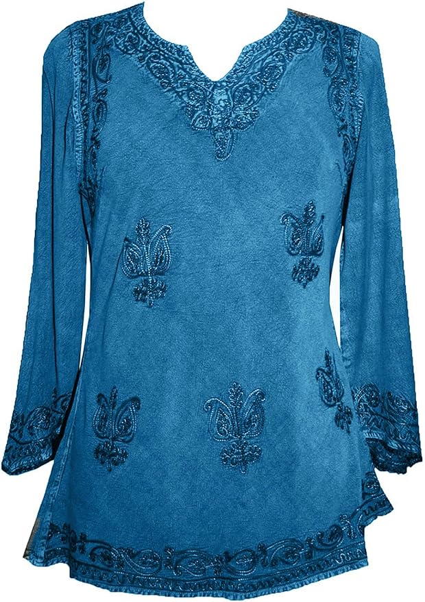 Agan Traders 2025 Winter Long Sleeve Diamond Neck Embroidered Tops - Medieval Boho Vintage Tunic Kurta Blouses for Women