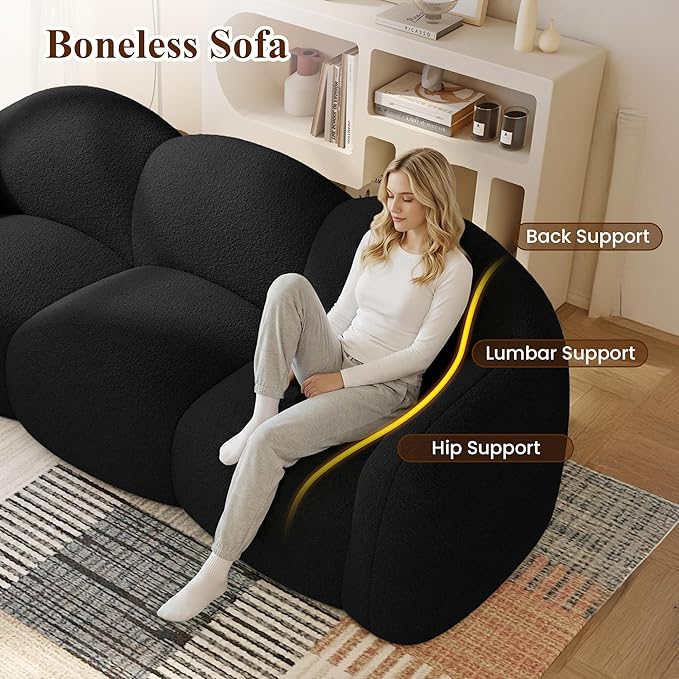 WJShome 90" Modern Curved Cloud Shaped Couches for Living Room, Bean Bag Chair Lazy Floor Couch, Cozy Leisure Boneless 3 Seater Sofa for Bedroom, Apartment-No Assembly Required (Black)