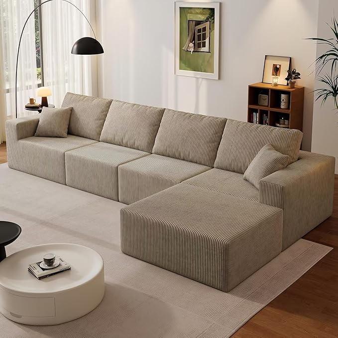 139" Boneless Cloud Sectional Sofa, Modular L-Shaped Couch with Deep Seats, Compressed Frameless Corduroy Sofa in Boxes, No Assembly Required, 4-Seater with Right-Facing Chaise, Grey