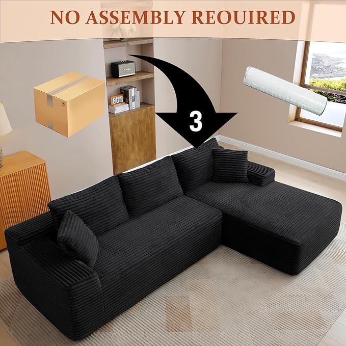 HYJT-H&K Modular Sectional Sofa Cloud Sectional Couch, 95" Comfy Fluffy L Shaped Black Couches for Living Room, Deep Seat Memory Foam Plush Corduroy Boneless Couch Sectionals Right Facing Chaise Sofa