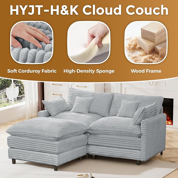 HYJT-H&K 74" L Shaped Cloud Couch Modular Small Sectional Couches for Living Room Small Spaces, Comfy Fluffy Corduroy Cloud Loveseat with Ottoman 3 Seat Sectionals Sofa, Grey