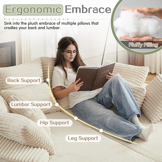 78-inch Oversized Round Chaise Lounge Chair Indoor, Convertible Folding Sofa Bed w/ 10 Pillows, Fluffy Corduroy Boneless Compressed Memory Foam Couch for Living Room, Bedroom (Beige, Left & Right)