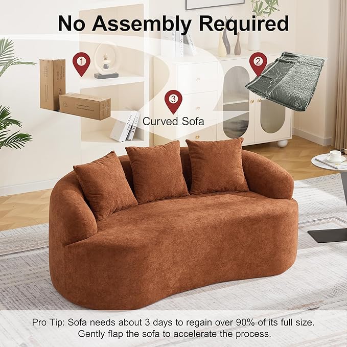 Abbrevi 65" Curved Loveseat Sofa, Deep Seat Love Seat Couches with 3 Throw Pillows, Modern 2 Seater Boneless Curved Couch, Compressed Floor Sofa for Living Room Small Spaces, No Assembly, Orange