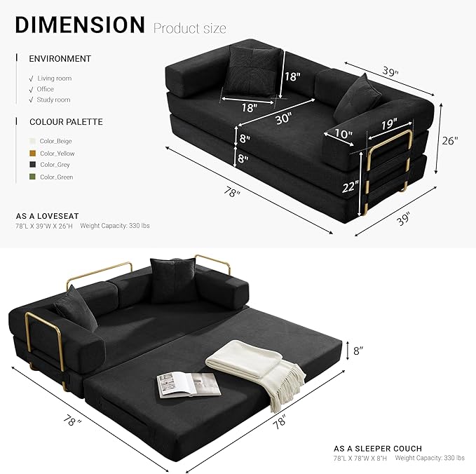 78" Convertible Sleeper Sofa Bed, Corduroy Folding Sofa Bed with Fixed-Shape Frame, Fold Out Floor Mattress Couch, Lazy Compression Sofas for Living Room, Bedroom, No Assembly Required, Black