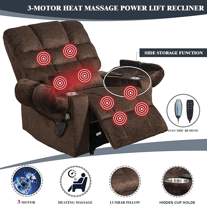 Comfortable Lifting Recliner Chair for Seniors, Power Lift Recliner Chair with Heat and Massage, Zero Gravity Lay Flat Recliner with Cup Holder for Elderly Big and Tall Men 400lbs, Brown