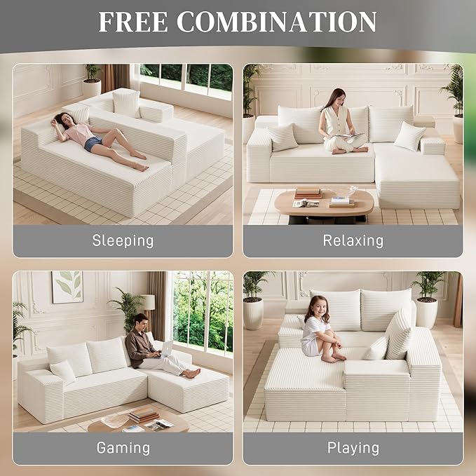 HYJT-H&K Modular Sectional Sofa Cloud Sectional Couch, 107" Comfy Fluffy L Shaped White Couches for Living Room Deep Seat Memory Foam Plush Corduroy Boneless Couch Sectionals Right Facing Chaise Sofa