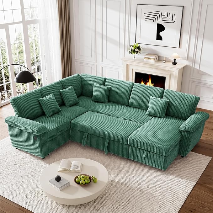 Modular Sectional Sleeper Sofa with Pull Out Bed, Storage Chaise & USB Charging, U Shaped Plush Corduroy Sectional Couches for Living Room, Comfy Convertible 7 Seat Cloud Sofa Bed Emerald Green