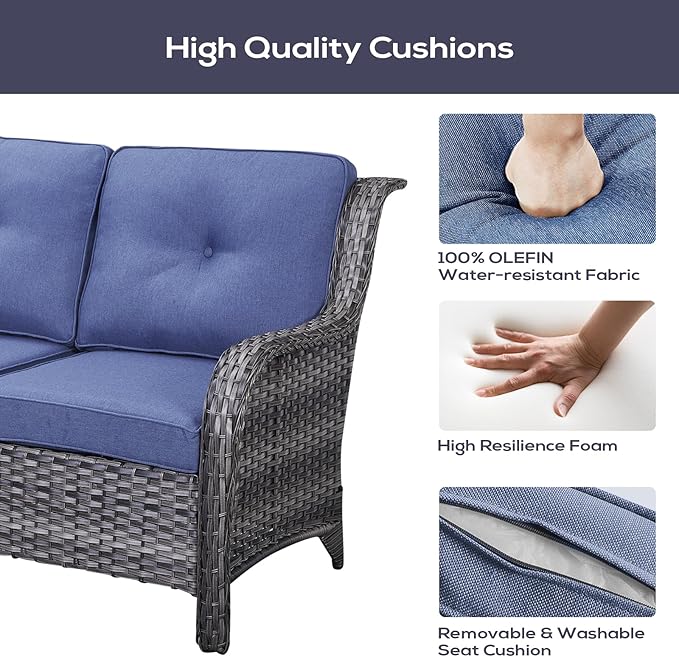 Belord Outdoor Furniture Sectional Sofa L Shaped Couch - Patio Wicker Furniture Set with Coffee Table, 3 Piece Rattan Patio Conversation Sets with Blue Cushion for Deck Backyard Sunroom