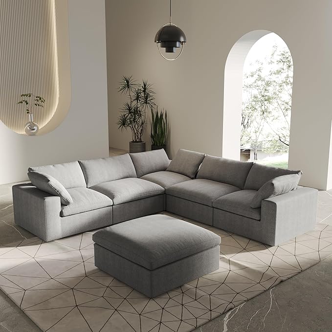 V-Shaped Cloud Sectional Couch, Modular Sectional Sofa, Modern Comfy Cloud Sofa with Storage Ottoman, Covers Removable, Convertible Sleeper Couch for Living Room Apartment (Light Grey, Linen Fabric)