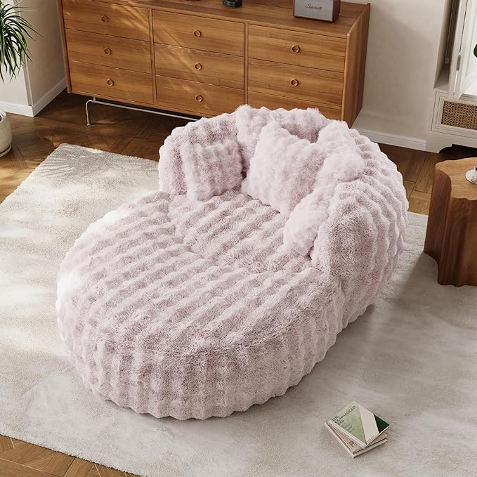55" W Oversized Round Chaise Lounge Chair with Ottoman Indoor Boneless Faux Fur Plush Fluffy Circle Couch Soft Comfy Cozy Cloud Reading Chair with 5 Pillows for Living Room, Playroom, Bedroom - Pink