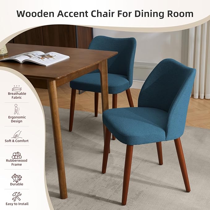 ElfinAura Dining Chair Set of 4, Linen Upholstered Dining Chair with Wood Legs, Wing Backrest, Wooden Kitchen Chair, Kitchen Chairs with Thick Cushions for Dining Room, Living Room, Blue