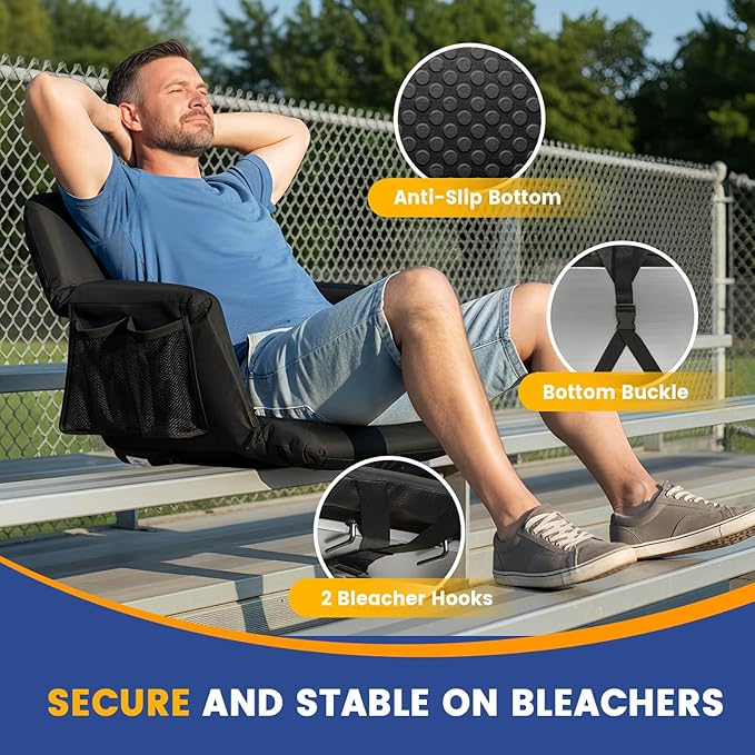 Sheenive Stadium Seat with Back Support Padded Bleacher Chairs with Back and Cushion, Portable Folding Bleacher Seat with Armrest, 6 Reclining Positions, Large Stadium Seat with Cup Holders & Pockets
