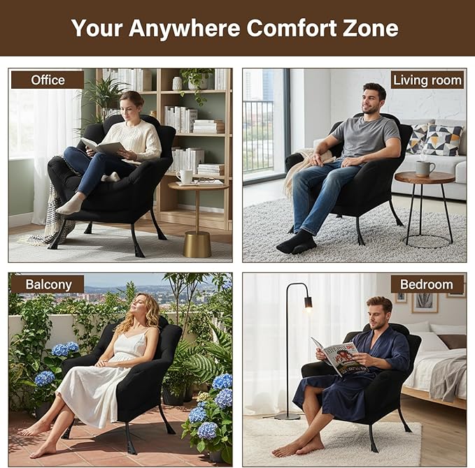 Welnow Lazy Chair for Living Room, Modern Reading Lounge Accent Chair with Armrests and a Side Pocket, Leisure Upholstered Lazy Sofa for Small Space, Bedroom, Dorm, Black