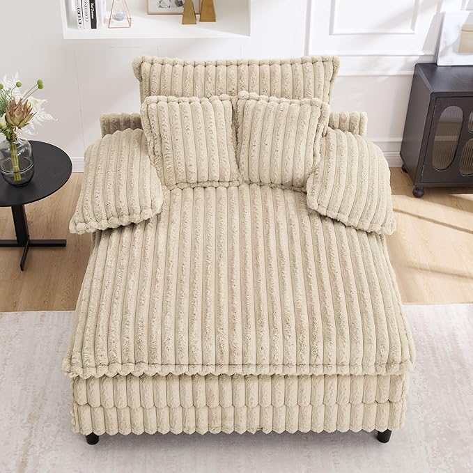 54.8" W Oversized Chaise Lounge Chair Indoor with 5-Position Adjustable Backrest, Plush Sleeper Sofa Bed with Pillows, Upholstered Cloud Couch Chair for Living Room, Study Room, Khaki