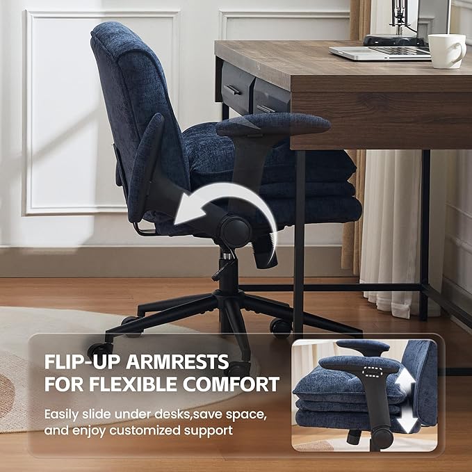 Criss Cross Chair with Flip-up Arms, Wide Criss Legged Chair with 3 Layer Cushion, Ergonomic Office Desk Chair with Wheels, Swivel Vanity Chair for Office, Living Room, Bedroom, Chenille Blue