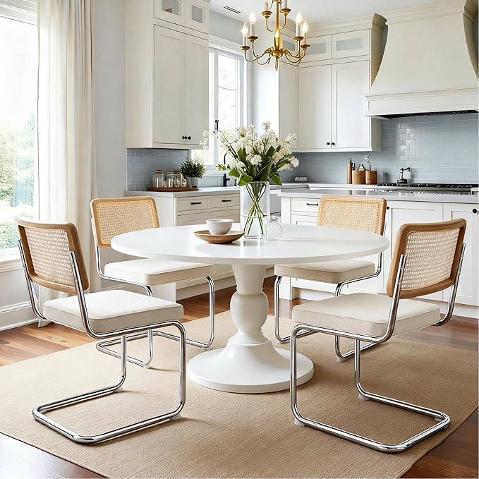 Zesthouse Natural Rattan Dining Chairs Set of 4, Mid Century Modern Dining Chairs with Solid Wood Back & Chrome Base, for Kitchen Living Room, Breuer Design Inspired, Upholstered Linen Fabric, White