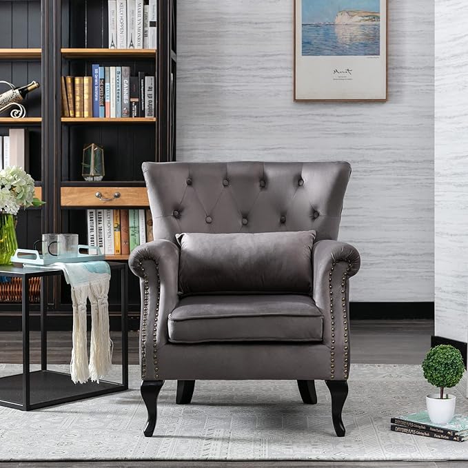 LZAREAL Accent Reading Arm Chairs for Living Room Bedroom, Midcentury Modern Comfy Corner Sofa Chair, Wingback Waiting Room Club Chair with Button Tufted Back &Lumbar Pillow, Velvet Grey