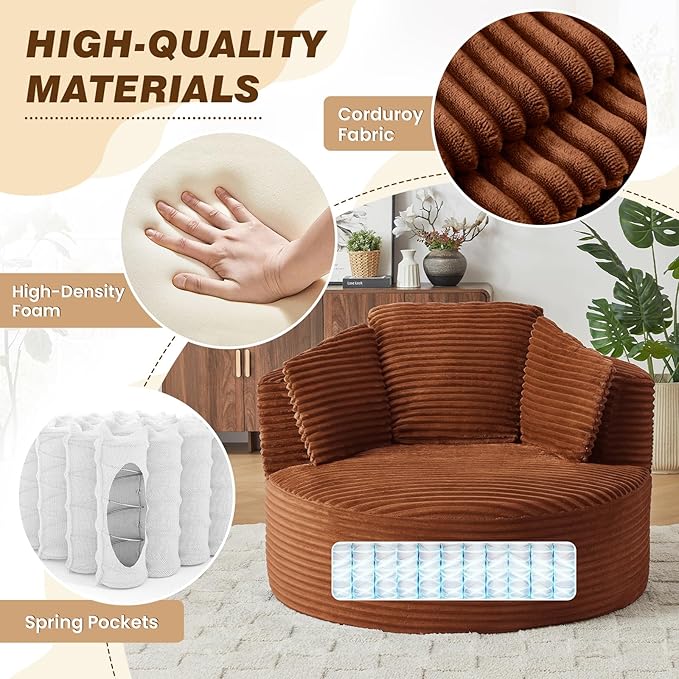 48"W Oversized Round Chaise Longue Chair Indoor,Corduroy Fluffy Comfy Cloud Chair,Circle Bean Bag Sofa with Foam Filling & Pillows,Boneless Reading Cozy Sofa Chairs for Living Room,Bedroom,Orange