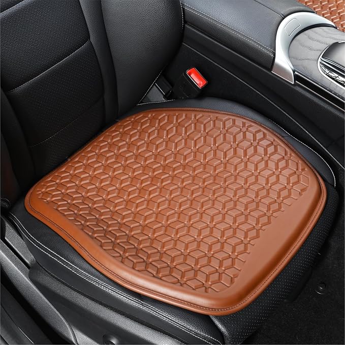 Binsheo Thin Gel Seat Cushion for Car Seat, Office Chair, Wheelchair, Golf Cart - Non-Slip Car Seat Cushions with 0.7 Inch Gel - Sciatica & Coccyx Pain Relief (Leather, Brown)