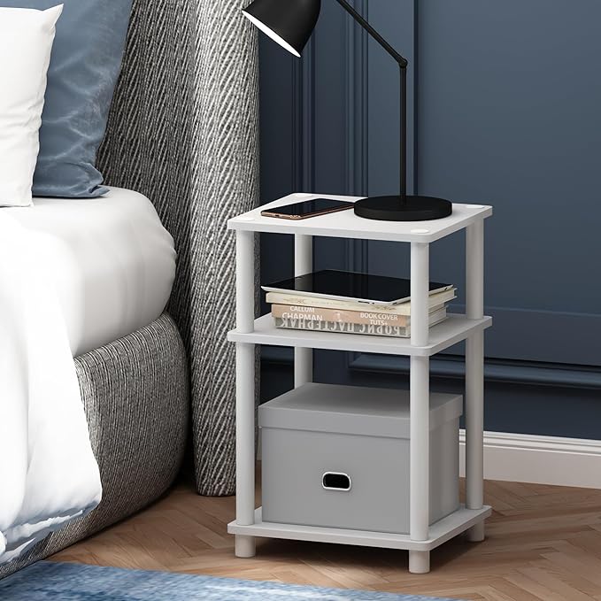 Furinno JUST Side Table, 3-Tier End Table, Open Shelves Night Stand, Bedside Table, Toolless Assembly, for Living Room, Bedroom, Bathroom, White(Espresso) | with Plastic Poles, 1-Pack
