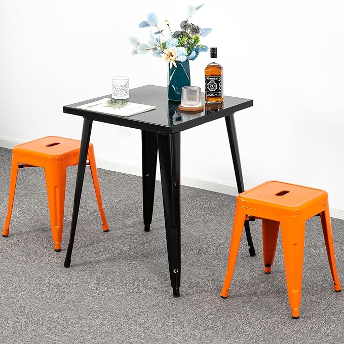 Brage Living 18 Inch Industrial Metal Stools Set of 2, Short Stackable Classroom Stools, Backless Metal Dining Chairs for Indoor Outdoor Kitchen (Orange)
