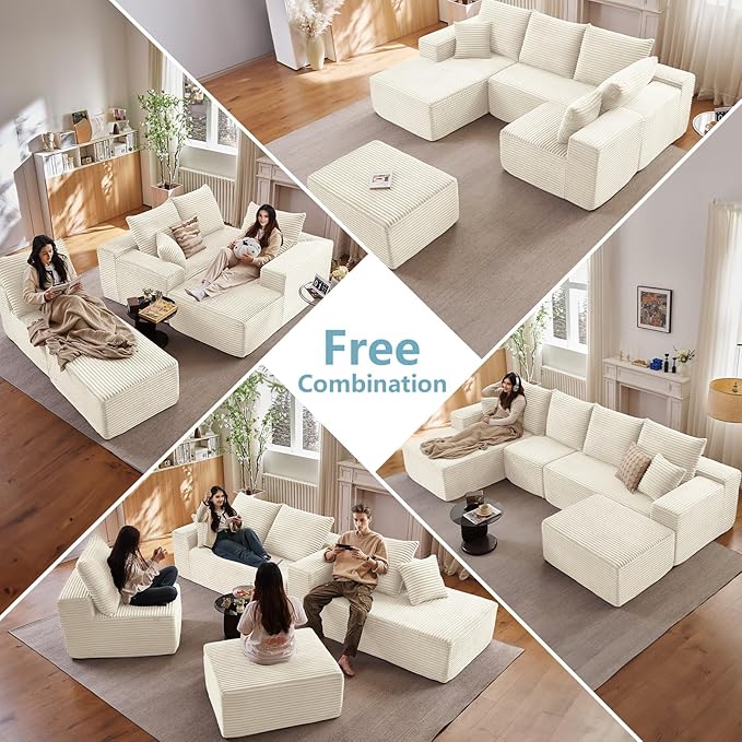 135.4" W Cloud Sectional Couch with Ottoman,Modern U-Shaped Cloud Couch with Deep Seat,Comfy Corduroy 4-Seater Sofa,Memory Foam Sofa for Living Room,No Assembly (White,Right-Facing Chaise)