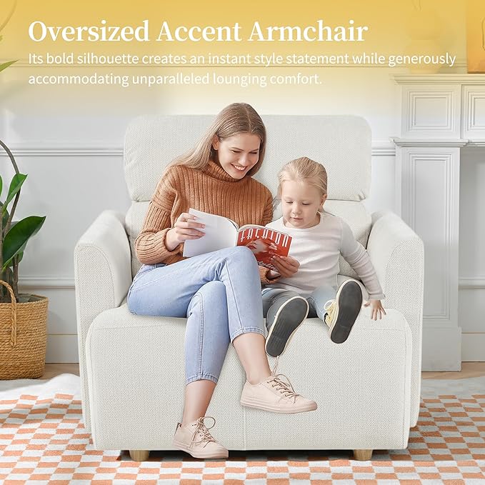 QKFF Modern Oversized Accent Chair with Storage Ottoman & Side Pillows, Snowflake Fleece Upholstered Chaise Lounge Chair, Deep Seat Reading Chair for Living Room, 350lbs Capacity