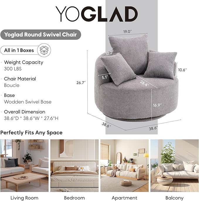 Yoglad 38.58'' Swivel Round Chair, Comfy Boucle 360° Accent Chair with Thick Cushion, Oversized Modern Single Sofa with 3 Pillows, Soft Armchair for Nursery, Living Room, Bedroom, Office (Grey)