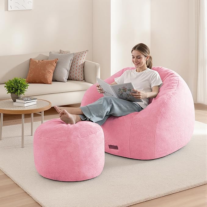 HABUTWAY Bean Bag Chair, Oversized Shell-Shaped Bean Bag Couch with Ottoman, Giant Beanbag Chair for Adults and Kids, Comfy Bean Bag Sofa & Footstool, Large Floor Sofa for Living Room Bedroom, Pink