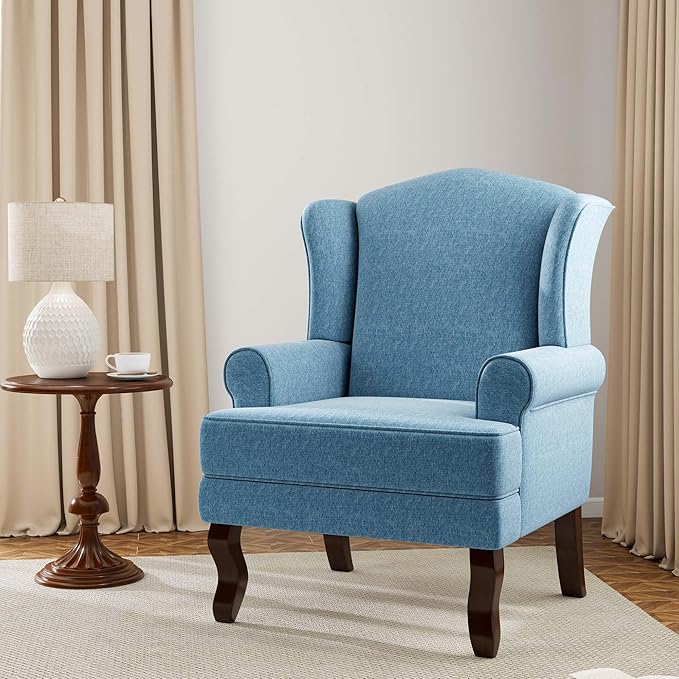 DREAMSIDEA Accent Chair, High Back Upholstered Armchair with High Resilience Sponge & Wood Legs, Mid-Century Modern Comfy Single Sofa Reading Chairs for Living Room, Bedroom (Blue, Set of 2)