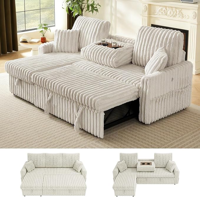 Sleeper Sofa Bed, 81” Pull Out Couch Bed with Reversible Storage Chaise, 3 in 1 L-Shaped Couch with Charging Station, Cup Holder, Side Pocket, Plush Corduroy Couches for Living Room(Beige)