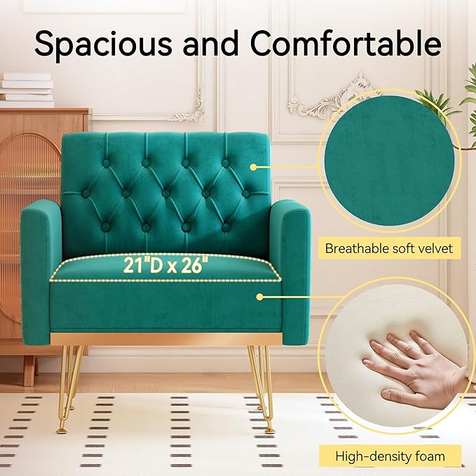 Accent Chair for Living Room, Comfy Oversized Velvet Upholstered Arm Chairs, Mid Century Modern Reading Single Sofa Side Chair with Tufted Back and Gold Legs for Bedroom (1, Green)