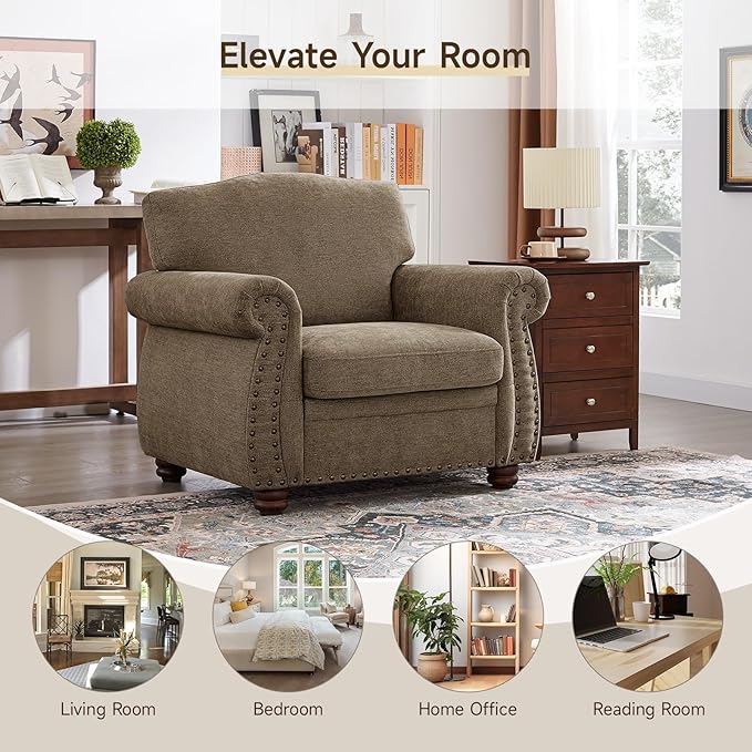 ONBRILL Nailhead Trim Armchair, Rolled Arm Accent Chair for Living Room, Comfy Chenille Club Sofa Chair w/Springs Cushions & Wood Legs, Traditional Single Couch Chair for Apartment, Farmhouse, Brown
