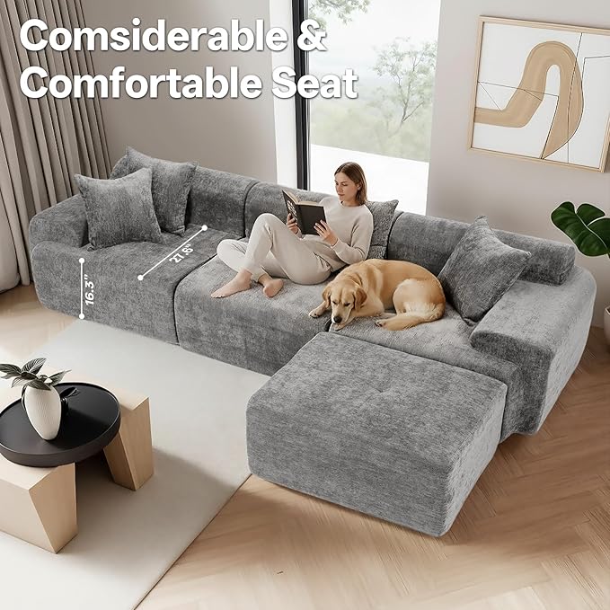 119" Modular Sectional Sofa, Cloud-Style Chenille Couch with Deep Seats & Chaise, No Assembly Compression Sectional with Throw Pillows for Living Room, Apartment, Bedroom, Grey