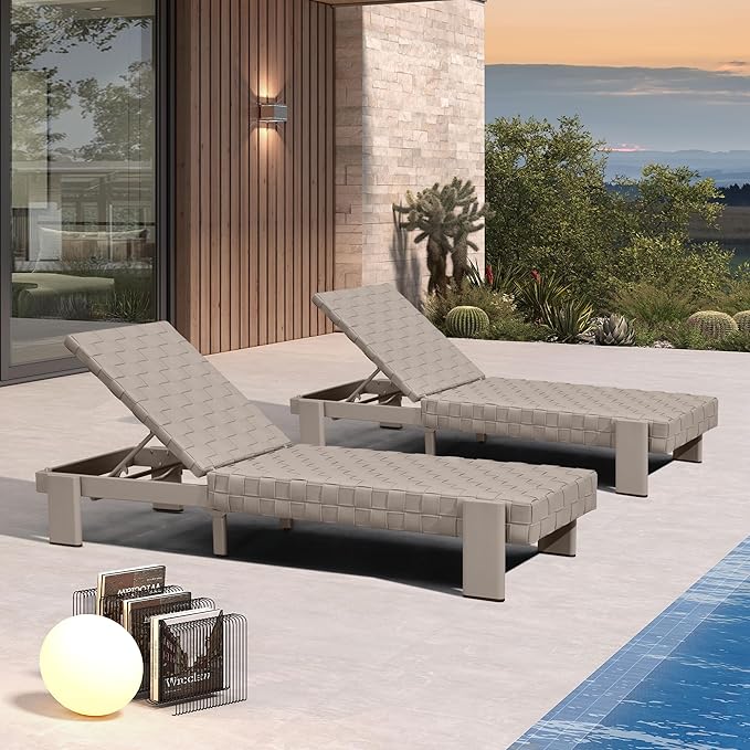 PURPLE LEAF Patio Lounge Chair Modern Luxury Outdoor Chaise Lounge 2 Pieces with Adjustable Backrest PU Leather Style Chaise Lounge Chairs for Pool Garden Backyard Beach, Tapue