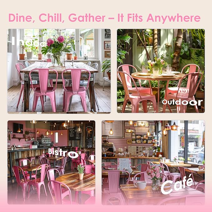 Metal Dining Chairs Set of 4,Stackable Tolix Chair Indoor/Outdoor for Kitchen,Cafe,Restaurant,Bistro & Patio Multiple Colors(Pink)