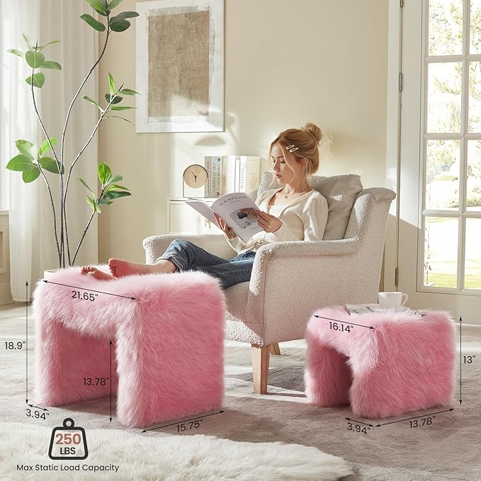 Ottoman Set of 2 Small Footstool Ottoman Vanity Stool Chair Faux Fur Seating Backless Modern Foot Rest Furry for Makeup Room Living Room Bedroom Entryway,Pink(2-in-1)